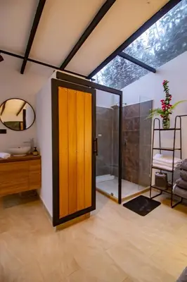 a bathroom with a wooden door and a mirror at Mist CHALETS in Santa Bárbara