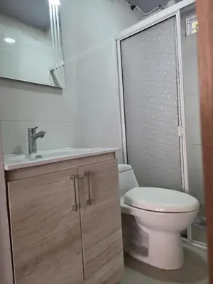 a bathroom with a toilet and a sink and a mirror at Finca La Rosa in Ebéjico