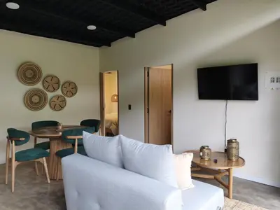 a living room with a couch and a tv at Cabaña privada Reserva Rio Blanco Manizales in Manizales