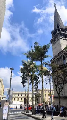 a tower with palm trees in front of a building at Hotel Palacio in Manizales