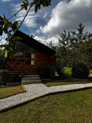 a log cabin with a stone walkway in front of it at Refugio la Arboleda in San Rafael
