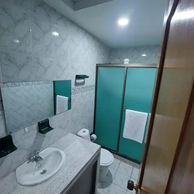 a bathroom with a sink and a shower and a toilet at La Recua Manizales in Manizales