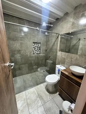 a bathroom with a shower and a toilet and a sink at La Casa de Oliva in Norcasia