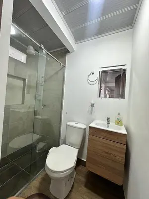 a bathroom with a toilet and a shower and a sink at La Casa de Oliva in Norcasia