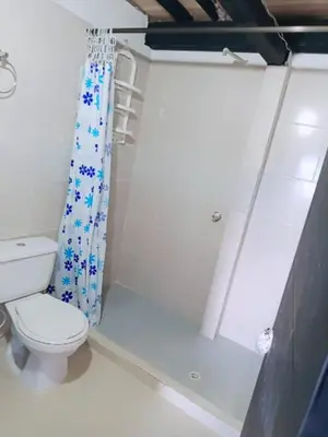 a bathroom with a toilet and a shower curtain at Balcones de la montaña in El Limón