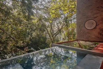 a view from the outside of a house with trees at Cabaña El Bosque - En medio del bosque - Jacuzzi Privado con Calefacción y Malla Catamarán - Cerca a Medellin in Sopetran