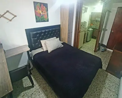 a bedroom with a black bed with a pillow on it at Apartaestudio en laureles la castellana in Medellín