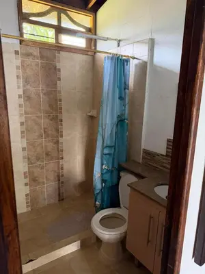 a bathroom with a toilet and a blue shower curtain at El Paraíso Tropical in La Pradera
