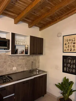 a kitchen with wooden cabinets and a sink at Casa Moderna en el Bosque Jacuzzi y Deck Privado in Mazo