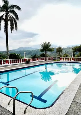 a large blue swimming pool with a palm tree at Finca La Carmelita Casa Campestre con Piscina y entre Montañas a sólo minutos de Santa Rosa de Cabal in Santa Rosa de Cabal