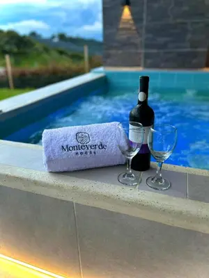 a bottle of wine and two glasses next to a swimming pool at Finca Monteverde House in San Isidro