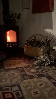 a living room with a fireplace and a rug with a rug sidx sidx at Alto Bonito Cabin Salamina in Salamina