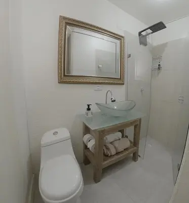a bathroom with a sink and a toilet and a mirror at Apartamento Manizales excelente ubicación in Manizales