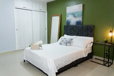 a bedroom with a bed and a green wall at Bravas Medallo in Medellín
