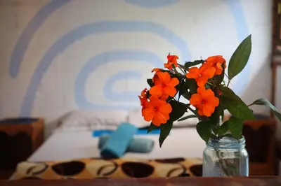 a vase with orange flowers sitting on a table at Eco posada El Encuentro San Carlos frente al rio in San Carlos