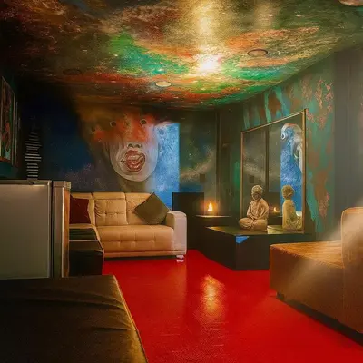 a living room with a painting of a cow on the ceiling at Casa amplia con estilo, poblado, disco y AC in Medellín