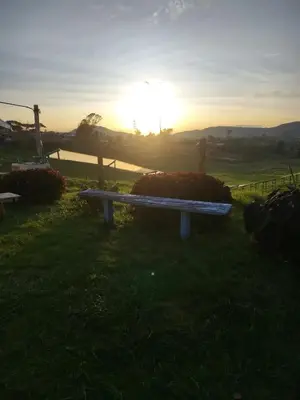 a bench in a field with the sunset in the background at Lactesano es Vida in La Unión