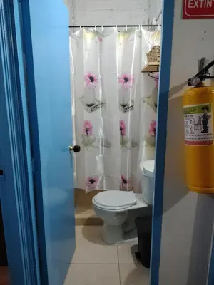 a bathroom with a toilet and a shower curtain with flowers at Lactesano es Vida in La Unión