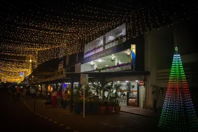 a city street with a christmas tree and lights at Hotel Restaurante La Costica Dulce in San Carlos