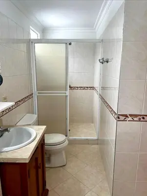 a bathroom with a shower and a toilet and a sink at Hotel Restaurante La Costica Dulce in San Carlos