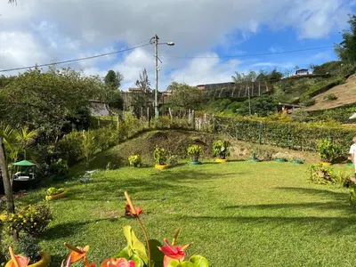 a yard with green grass and flowers on a hill at Villa El Colibri in El Peñol