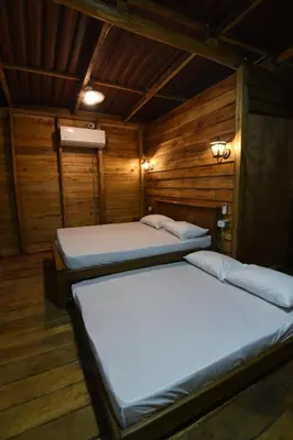 two beds in a room with wooden walls at Cabañas naturales cerca a la hacienda Nápoles in Doradal