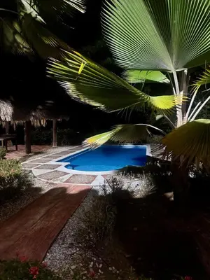 a blue swimming pool in a yard with palm trees at Finca Doradal descanso, vacaciones or teletrabajo in Doradal