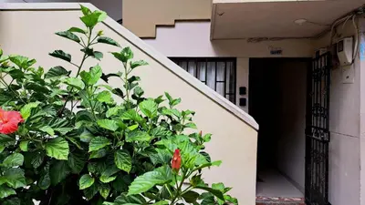 a red flower on a bush next to a building at Habitación central con cama doble #1 in Medellín