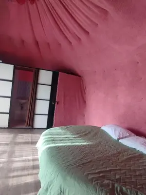 a bed in a room with a red wall at Marju Glamping in Manizales