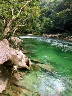 a river with green water and trees and rocks at Rio Claro Reserva Natural in San Francisco