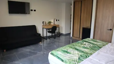 a bedroom with a bed and a desk and a television at GIO Green Hotel Girardota Medellin in Girardota