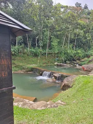 a pond with a waterfall next to a house at Ecohotel Los Cedros in Cocorná