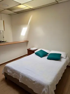 a bedroom with a large white bed with green pillows at Apartamento en el centro de Manizales in Manizales