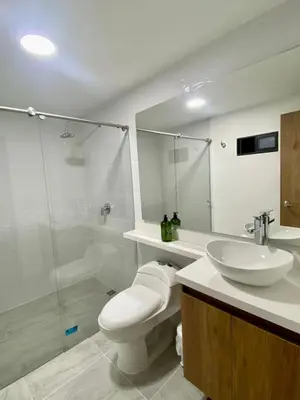 a bathroom with a toilet and a sink and a shower at Loft Laureles - Excellent location in Medellín