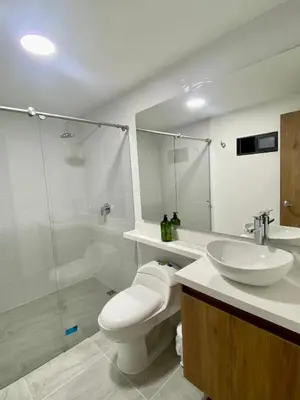 a bathroom with a toilet and a sink and a shower at Loft - Laureles, interno con patio in Medellín