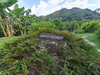 a sign on a rock in a field with a mountain at Casa Entre Montañas in Titiribí