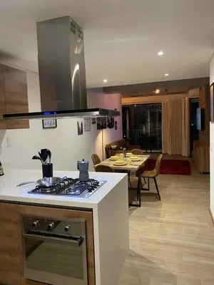 a kitchen with a stove top oven next to a living room at Art, design and urban life in Medellín loft in Medellín
