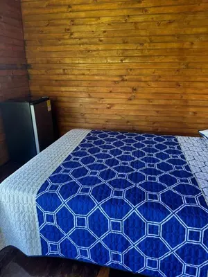 a bedroom with a blue bed with a wooden wall at Cabañas con vista al Embalse in La Pradera