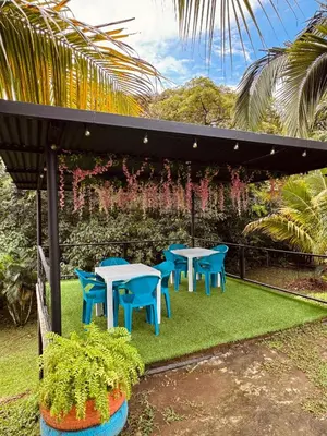 a group of tables and chairs in a garden at Vía las palmas in Victoria