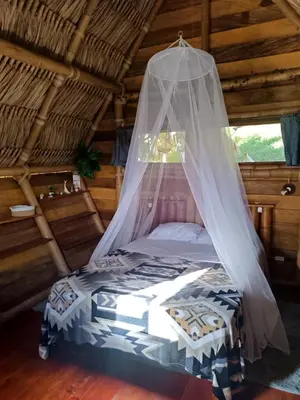 a bed in a room with a mosquito net at Cabanas ecologicas con vista espectacular y cascada privada - Finca Qawana Ecolodge en San Carlos