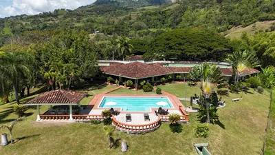 an aerial view of a house with a swimming pool at Rurals Casa in Marsella