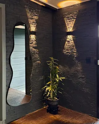 a plant in front of a brick wall with a mirror at Altos del Silencio in San Rafael