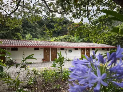 a house in the middle of a garden with purple flowers at Las Tangaras Reserve