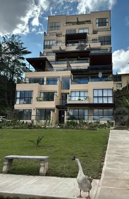 a duck standing in front of a large building at San Telmo Apartment with Jacuzzy in Guatapé
