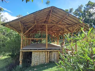 a wooden pavilion with a bird standing under it at Familia Verde Eco Hostal in San Carlos