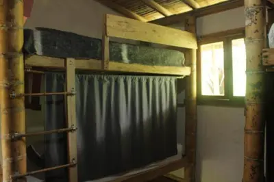 two bunk beds in a room with a window at Familia Verde Eco Hostal in San Carlos