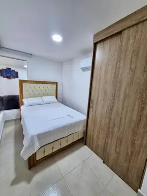 a small bedroom with a bed and a wooden door at Apartamento Oasis in Sopetran
