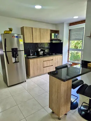 a kitchen with a stainless steel refrigerator and wooden cabinets at Apartamento Oasis in Sopetran