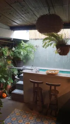 a kitchen with a counter with stools and potted plants at Casa Olivia in Honda