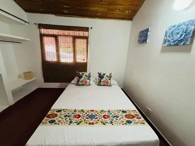 a small bedroom with two beds in a room at Casa Olivia in Honda